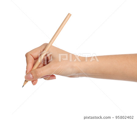 Woman holding ordinary pencil on white background, closeup 95802402