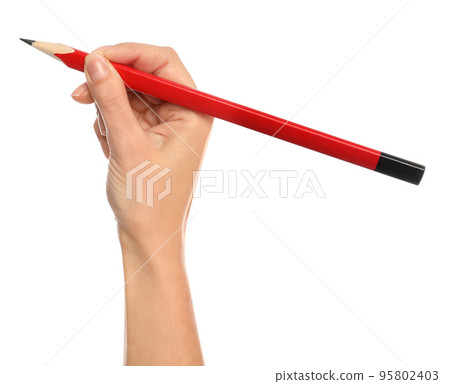 Woman holding ordinary pencil on white background, closeup 95802403