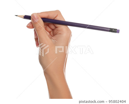 Woman holding ordinary pencil on white background, closeup 95802404