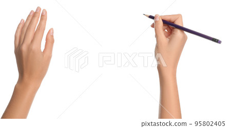 Woman holding ordinary pencil on white background, closeup 95802405