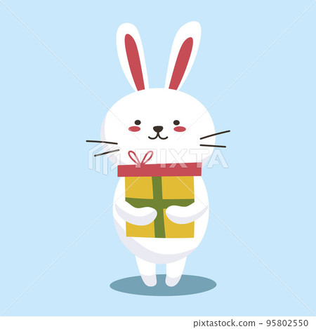 Cute Christmas bunny. Flat cartoon illustration of a little white rabbit holding a gift on a blue background. Vector 10 EPS. Cute Christmas bunny. Flat cartoon illustration of a little white rabbit holding a gift on a blue background. Vector 10 EPS. 95802550