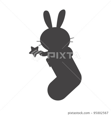 Vector bunny winter illustration of a symbol of chinese new year 2023. Black rabbit in stocking silhouette for Merry Christmas greeting card for children EPS 95802567