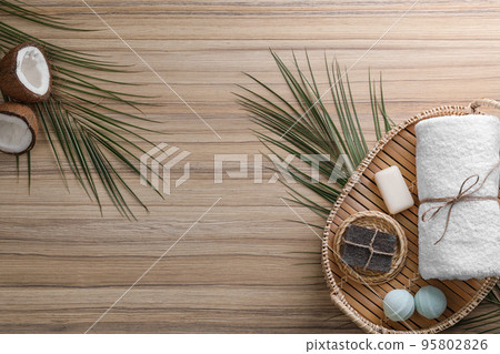 Flat lay composition with handmade soap on wooden background. Space for text Flat lay composition with handmade soap on wooden background. Space for text 95802826
