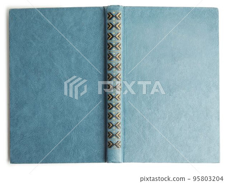 Open old book with vintage light blue cover isolated on white, top view Open old book with vintage light blue cover isolated on white, top view 95803204