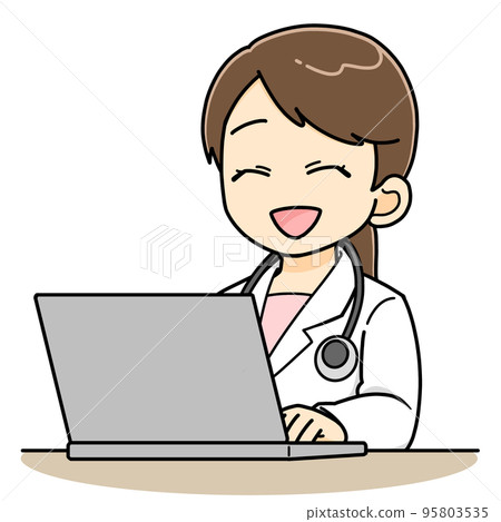 Female doctor typing in a computer with a smile Female doctor typing in a computer with a smile 95803535