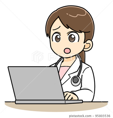 A female doctor typing in a computer with a troubled face A female doctor typing in a computer with a troubled face 95803536