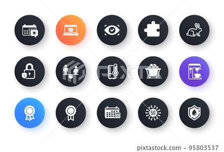 Minimal set of Calendar, Lock and 5g technology flat icons for web development. Coal trolley, Reward, Success icons. Puzzle, Equity, Biometric eye web elements. Travel calendar. Vector 95803537