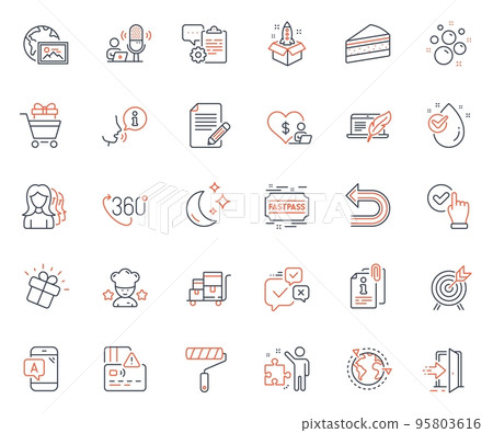 Business icons set. Included icon as 360 degree, Strategy and Cake web elements. Water drop, Shopping trolley, Outsourcing icons. Clean bubbles, Entrance, Gift web signs. Web photo. Vector 95803616