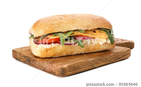 Delicious sandwich with fresh vegetables and cheese isolated on white 95803640