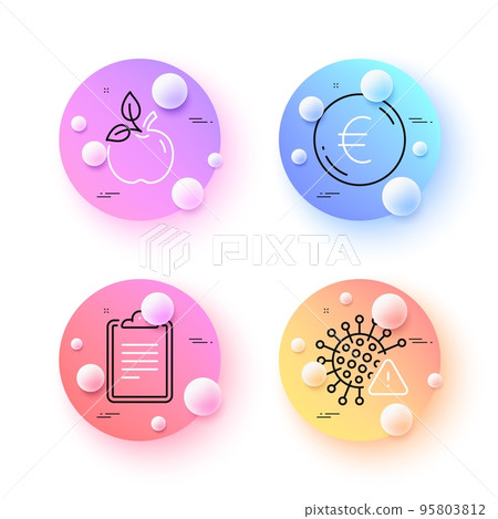 Eco food, Covid virus and Clipboard minimal line icons. 3d spheres or balls buttons. Euro money icons. For web, application, printing. Organic tested, Coronavirus alert, Survey document. Vector 95803812
