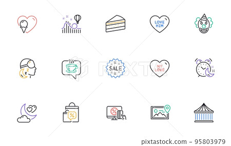 Photo location, Insomnia and Love night line icons for website, printing. Collection of Love him, Clown, Online shopping icons. Sale bags, Cake, Sale web elements. Ice cream, Coffee, Carousels. Vector 95803979
