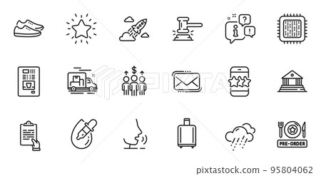 Outline set of Shoes, Pre-order food and Eye drops line icons for web application. Talk, information, delivery truck outline icon. Include Baggage reclaim, Star, Messenger mail icons. Vector 95804062