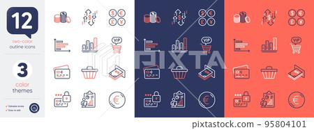 Set of Vip shopping, Card and Dollar rate line icons. Include Shop cart, Horizontal chart, Euro money icons. Atm money, Graph chart, Report web elements. Lock. For web, application. Vector 95804101