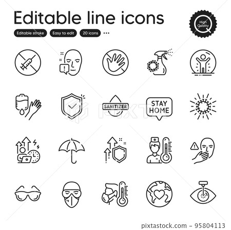 Set of Medical outline icons. Contains icons as Coronavirus spray, Do not touch and Medical mask elements. Dont touch, Hand sanitizer, Eye laser web signs. Difficult stress. Vector 95804113