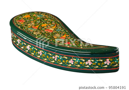 A closeup of a casket with an artistic painting on a white background. Central Asia, Uzbekistan A closeup of a casket with an artistic painting on a white background. Central Asia, Uzbekistan 95804191