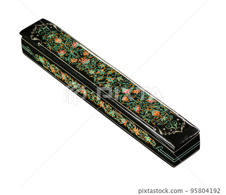 A closeup of a pencil case with artistic painting on a white background. Central Asia, Uzbekistan A closeup of a pencil case with artistic painting on a white background. Central Asia, Uzbekistan 95804192