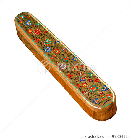 A closeup of a pencil case with artistic painting on a white background. Central Asia, Uzbekistan A closeup of a pencil case with artistic painting on a white background. Central Asia, Uzbekistan 95804194