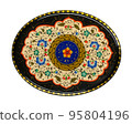 A closeup of a round casket with an artistic painting on a white background. Central Asia, Uzbekistan 95804196