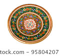A wooden plate with artistic painting isolated on a white background 95804207