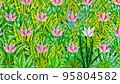 An illustrated painting of a green grass field filled with pink flowers 95804582