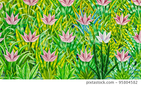 An illustrated painting of a green grass field filled with pink flowers An illustrated painting of a green grass field filled with pink flowers 95804582