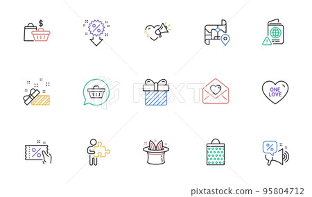 Discounts offer, Shopping cart and Puzzle line icons for website, printing. Collection of Discount coupon, Surprise, Love letter icons. Discount, Love message, Passport warning web elements. Vector 95804712