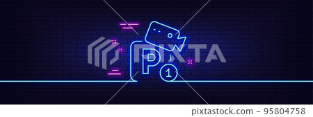 Neon light glow effect. Parking with video monitoring line icon. Car park sign. Transport place symbol. 3d line neon glow icon. Brick wall banner. Parking security outline. Vector 95804758