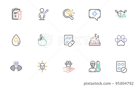 Medical analyzes, Pets care and Dog paw line icons for website, printing. Collection of Medical mask, Face biometrics, Thermometer icons. Vision test, Dumbbell, Capsule pill web elements. Vector Medical analyzes, Pets care and Dog paw line icons for website, printing. Collection of Medical mask, Face biometrics, Thermometer icons. Vision test, Dumbbell, Capsule pill web elements. Vector 95804792