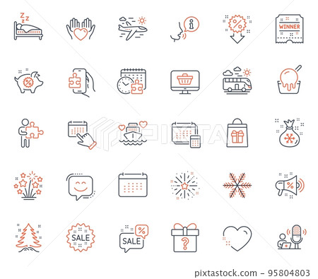 Holidays icons set. Included icon as Puzzle, Heart and Santa sack web elements. Winner ticket, Sale, Sale megaphone icons. Fireworks explosion, Account, Honeymoon cruise web signs. Vector 95804803