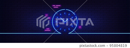 Neon light glow effect. Time management line icon. Clock sign. Watch symbol. 3d line neon glow icon. Brick wall banner. Time management outline. Vector Neon light glow effect. Time management line icon. Clock sign. Watch symbol. 3d line neon glow icon. Brick wall banner. Time management outline. Vector 95804819