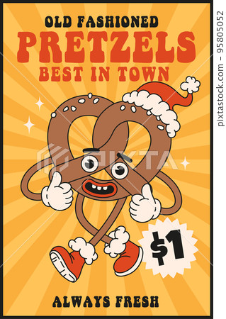 Christmas market street foods. Poster, flyer, menu design with pretzel, cookie, gingerbread in trendy retro cartoon style. Merry Christmas and Happy New year. 95805052