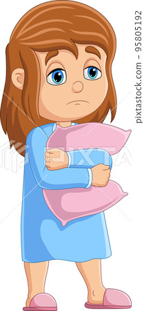 Cartoon sleepy girl standing with hugging pillow 95805192