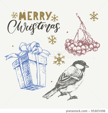 Merry Christmas. Happy New Year, 2023. Typography set. Vector logo, emblems, text design. Usable for banners, greeting cards, gifts etc. Merry Christmas. Happy New Year, 2023. Typography set. Vector logo, emblems, text design. Usable for banners, greeting cards, gifts etc. 95805496