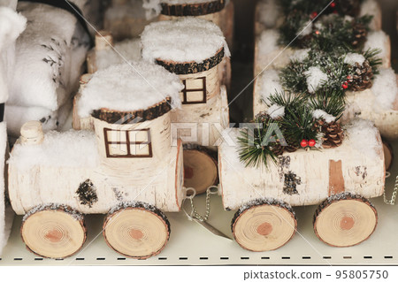 Children's wooden birch train for Christmas in a shop 95805750