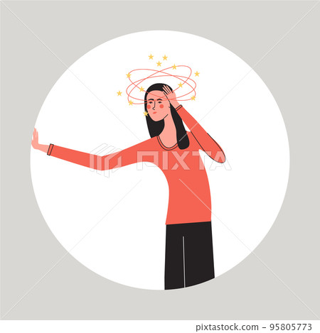 Dizziness. Young woman having dizzy symptom. Shoked, exhausted, tired female with vertigo. Flat vector medical illustration 95805773
