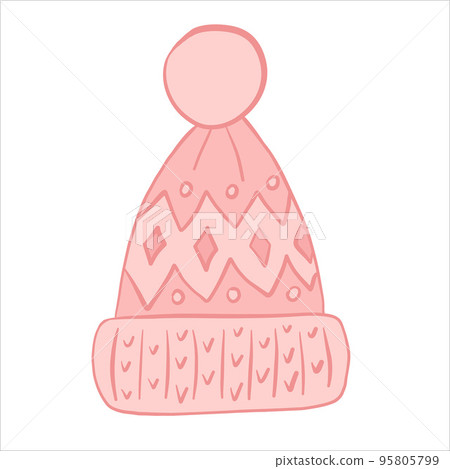 Vector illustration. Warm knitted winter hat with patterns, lapel and pompom 95805799