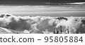 Black and white panorama of snowy ski slope in cloudy high mountains 95805884