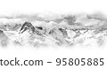 Black and white panorama of snowy winter mountain in sunlight clouds 95805885
