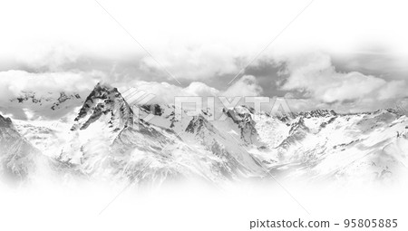 Black and white panorama of snowy winter mountain in sunlight clouds 95805885