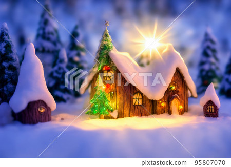 Abstract fairy town village with bokeh and christmas lights as advent decoration. 3d Abstract fairy town village with bokeh and christmas lights as advent decoration. 3d 95807070