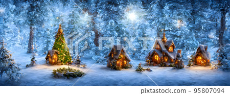Abstract fairy town village with bokeh and christmas lights as advent decoration. Banner size. 3d Abstract fairy town village with bokeh and christmas lights as advent decoration. Banner size. 3d 95807094