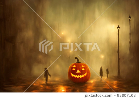 Jack O Lanterns - Halloween Background. Banner size. website header. 3d illustration Jack O Lanterns - Halloween Background. Banner size. website header. 3d illustration 95807108