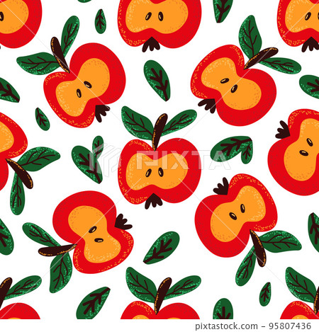 Seamless pattern with cut red apples on a blue background Seamless pattern with cut red apples on a blue background 95807436