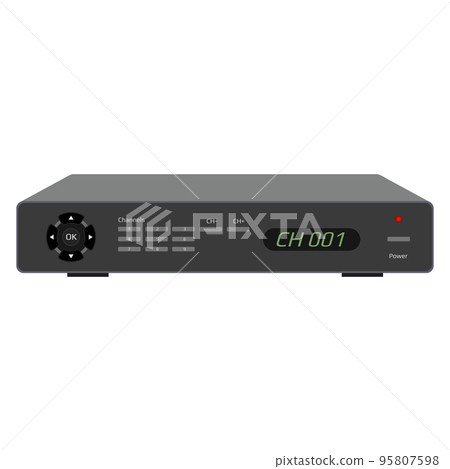 Realistic satellite receiver with display, USB ports and control buttons. TV control device isolated on white. Vector EPS 10. 95807598