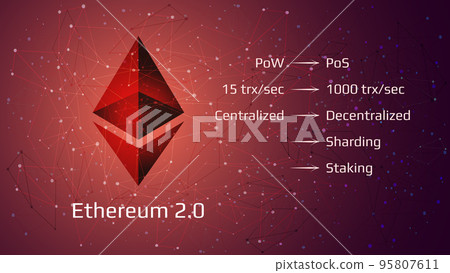 Ethereum 2.0 restart - cryptocurrency coin symbol on abstract polygonal red background. New direction after hard fork. Proof-of-Stake PoS consensus, sharding, staking. Vector EPS10. Ethereum 2.0 restart - cryptocurrency coin symbol on abstract polygonal red background. New direction after hard fork. Proof-of-Stake PoS consensus, sharding, staking. Vector EPS10. 95807611