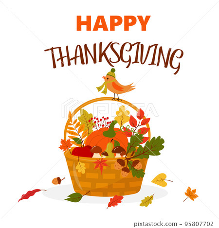 Happy Thanksgiving basket with pumpkin, mushrooms, fruits and leaves. Bird in hat is sitting on the basket. Thanksgiving symbol.  95807702