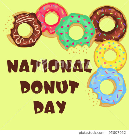 National Donut Day card with lettering and doughnuts. Social media post and advertisement card with assorted delicious donuts.  95807932