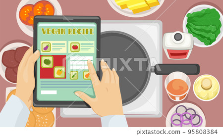 Hands Vegan Recipe Cooking Tablet Illustration Hands Vegan Recipe Cooking Tablet Illustration 95808384