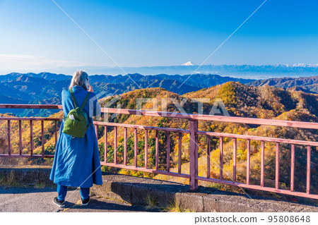 (Tochigi Prefecture) A woman looking at the autumnal mountains and Mt. 95808648