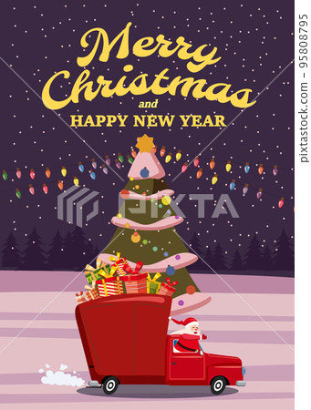 Santa Claus drives an old retro car, truck. Merry Chistmas Poster Santa Claus drives an old retro car, truck. Merry Chistmas Poster 95808795